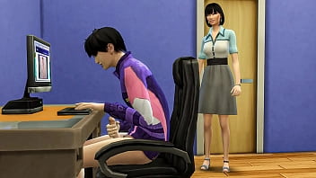 Japanese step mom catches her stepson masturbating in front of the computer watching porn videos and then helps him have sex with her for the first time - Korean step-mother